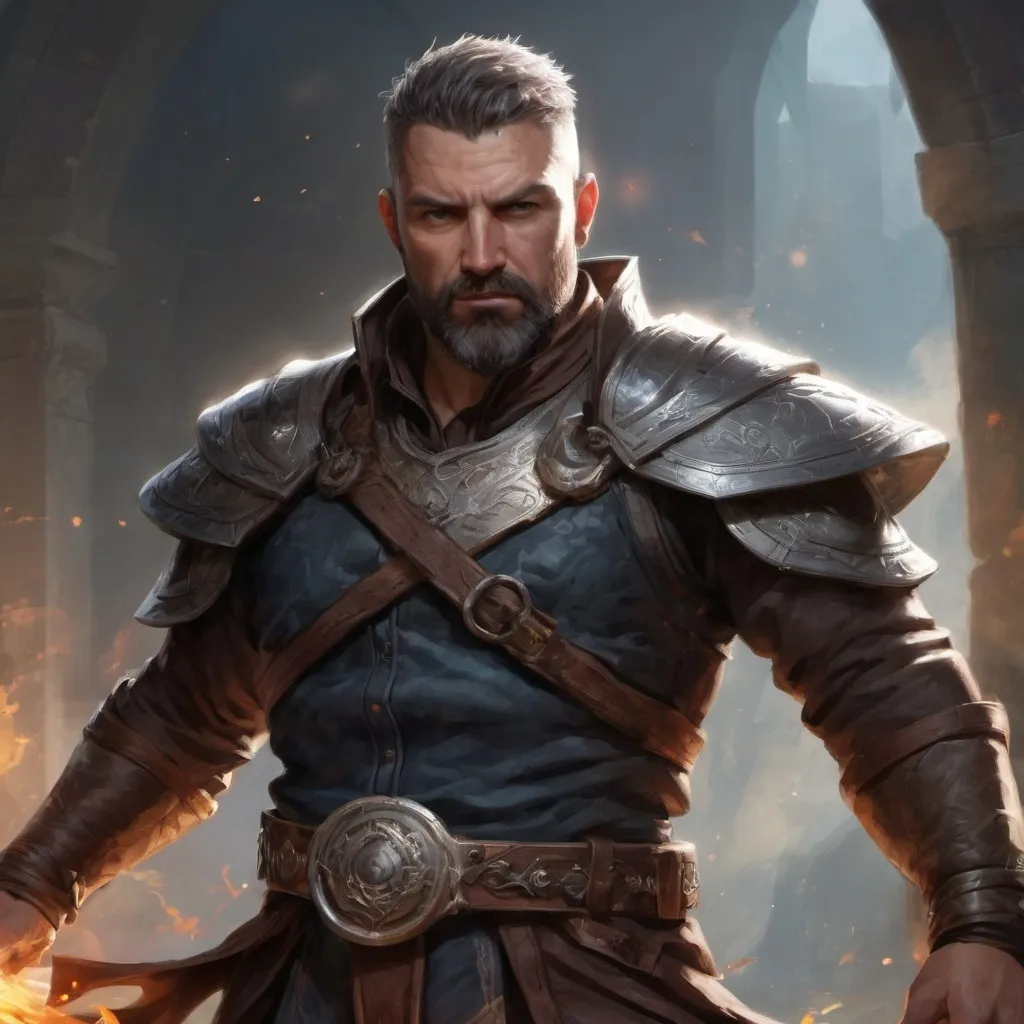 Prompt: (torso) Male stocky large mature fit battle-mage with short-cut hair and beard, engaged in combat casting a light-spell  nature, pathfinder, d&d setting, realistic, enhanced shadow quality