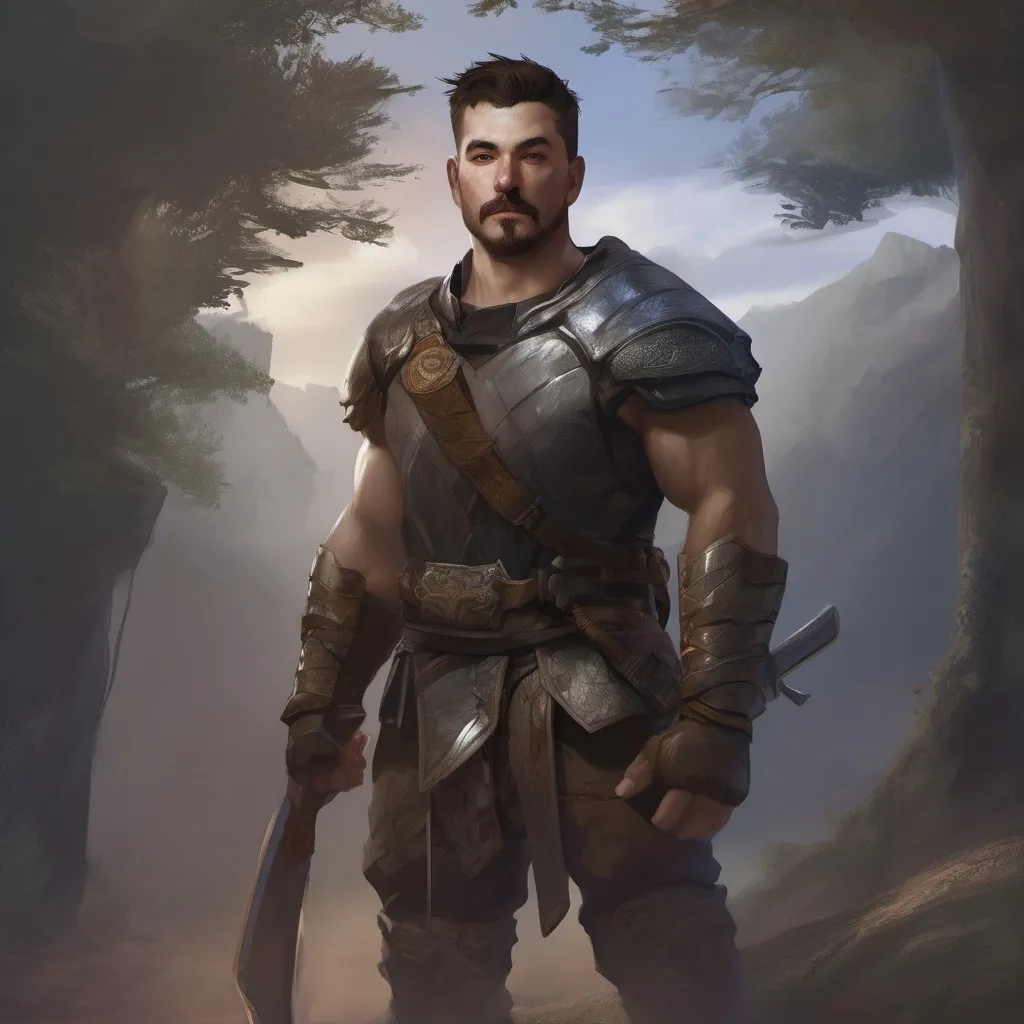 Prompt: (Full body) male stocky martial fighter with short-cut hair and a mustache, no shirt on, in nature at night pathfinder, d&d setting, in a realistic digital art style