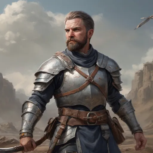 Prompt: Male heavy-set mature fit Pikeman with short-cut hair and beard, holding fantasy-weapon , in a windy battlefield, pathfinder, d&d setting, enhanced shadow quality