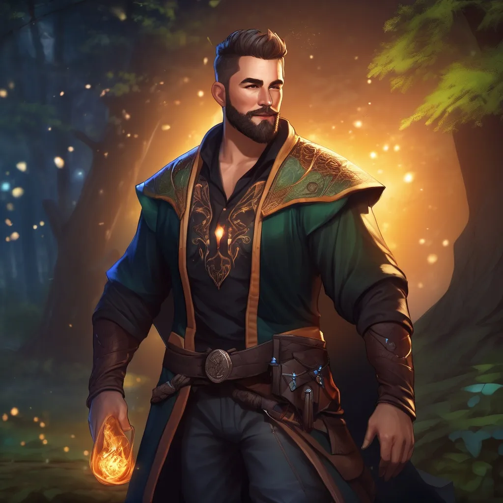 Prompt: (Full body) male stocky magical time-mage with short hair and beard, open shirt, in dark lit nature background, pathfinder, d&d setting, in a realistic digital art style