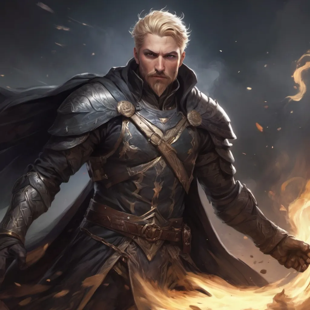 Prompt: (Full body) male stocky masculine royal magus with short blonde hair and mustache, hairy chest, in a dark battle field, pathfinder, d&d setting, in a realistic high quality digital art style