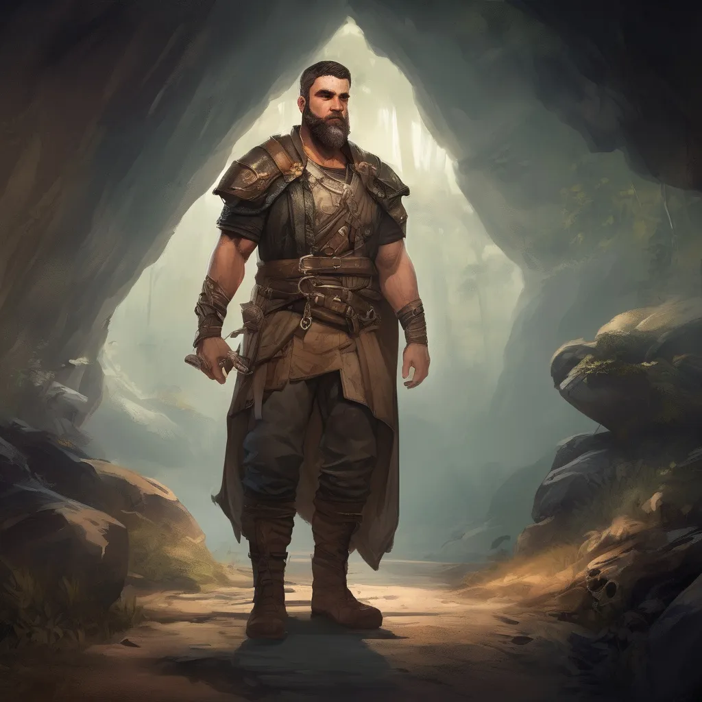 Prompt: (Full body) male handsome large muscular merchant with short hair and beard, outside of a cave by a forest at night, pathfinder, d&d setting, in a realistic high quality digital art style