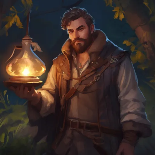 Prompt: (Full body) male stocky alchemist with short hair and beard, big arms, in nature at night, pathfinder, d&d setting, in a realistic digital art style