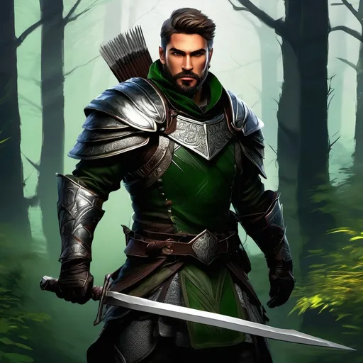 Prompt: (Full body) male ranger with a short hair and beard, light armor, standing outside of a dark forest, fantasy setting, in a realistic detailed digital art style