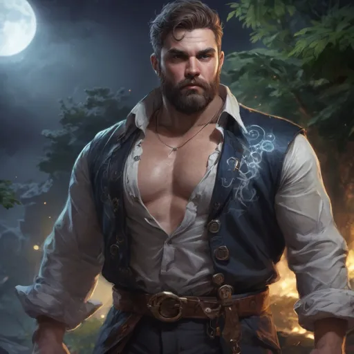Prompt: male stocky heavy-set fat british transmuter with short-cut hair and beard,  open shirt hairy chest, casting swirly bright spell, in nature at night, pathfinder, d&d setting, in a realistic high quality digital art style, enhanced shadow quality