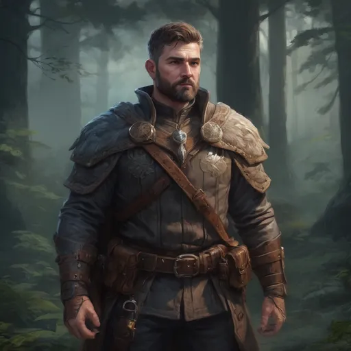 Prompt: Male stocky heavy-set mature fantasy-ranger with short-cut hair and beard, outside of fantasy forest at night, pathfinder, d&d setting, in a realistic high quality digital art style, enhanced shadow quality