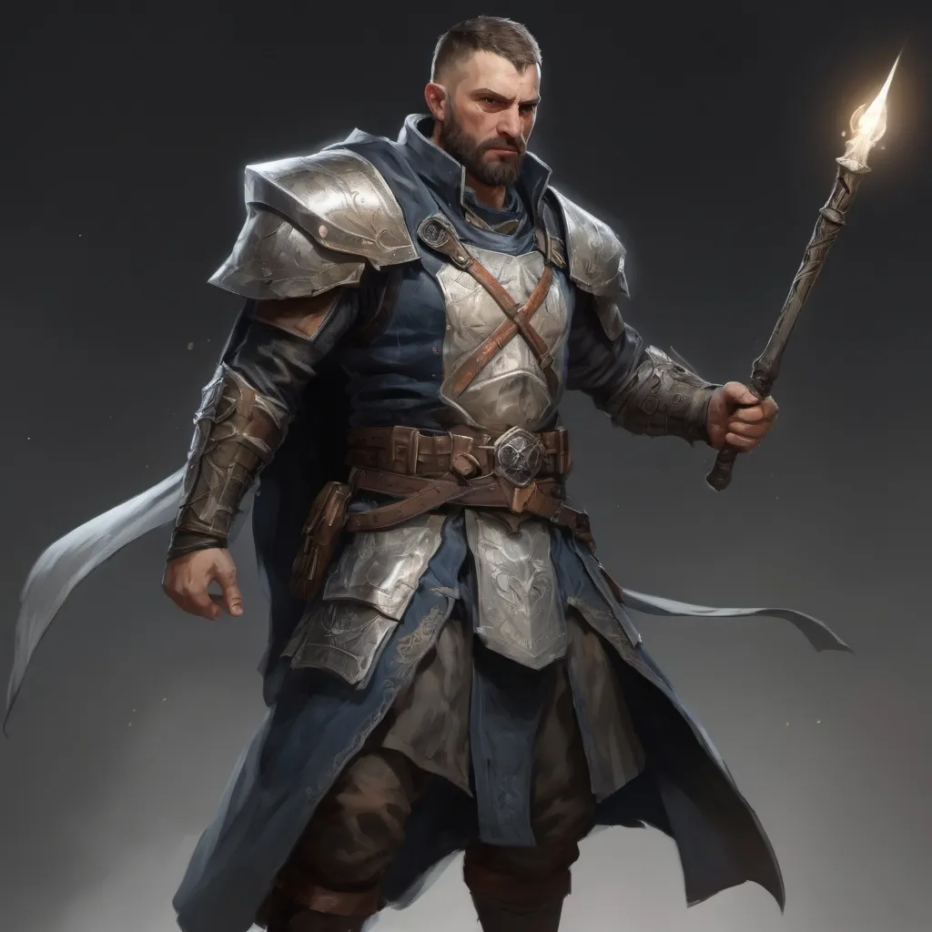 Prompt: (torso) Male stocky large fit battle-mage with short-cut hair and beard, engaged in combat casting a light spell inside of a dark dungeon, in movement, pathfinder, d&d setting, realistic, enhanced shadow quality, colorful