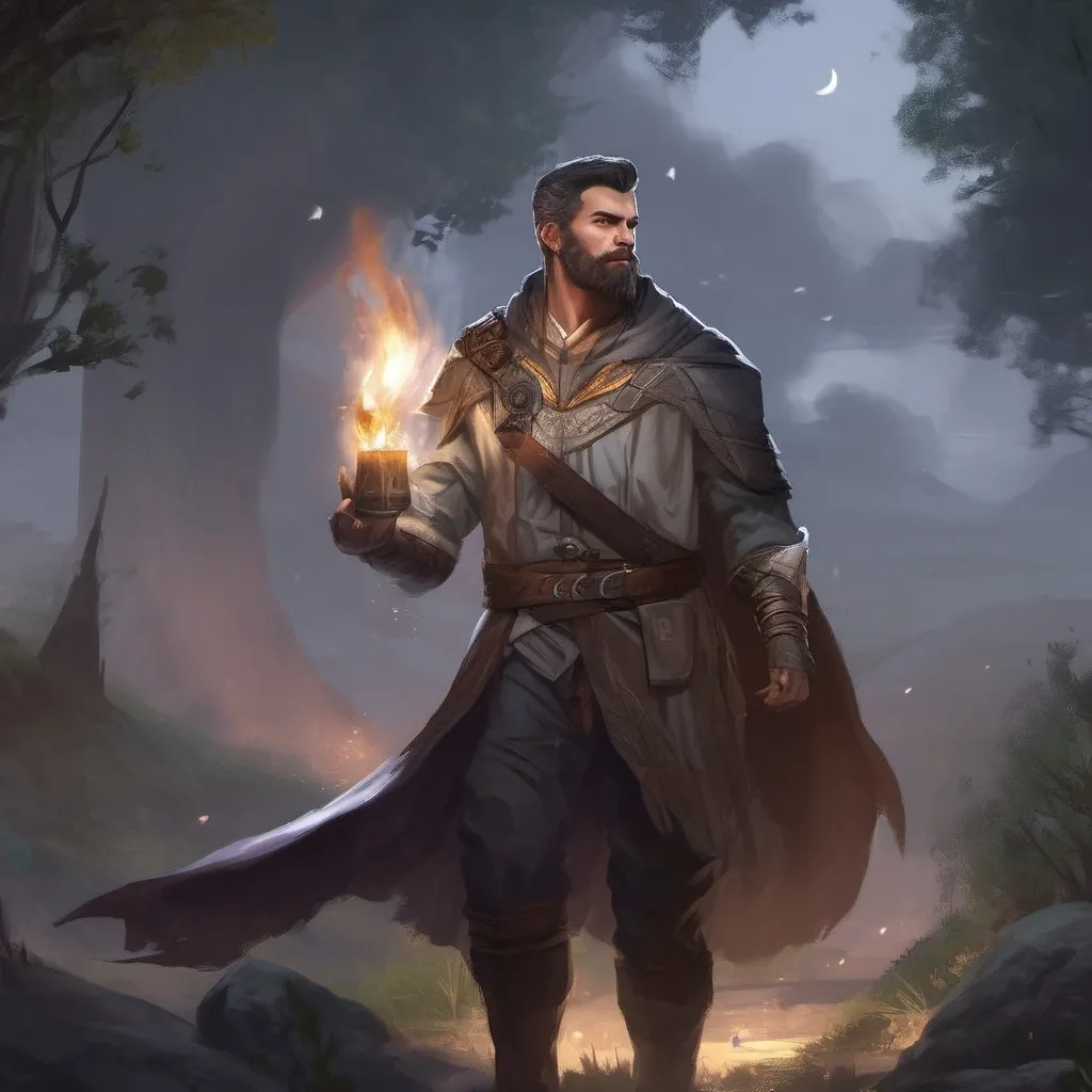 Prompt: (Full body) male manly stocky nature-mage with grey and dark short-cut hair and beard, casting a magical nature-spell, in nature at night, pathfinder, d&d setting, in a realistic digital art style