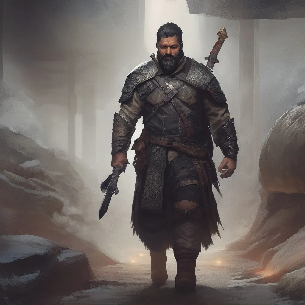 Prompt: (Full body) male stocky middle-aged warrior with black short-cut hair and beard, in a dark underground, pathfinder, d&d setting, in a realistic digital art style