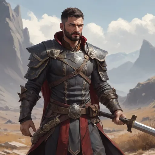 Prompt: (head and torso) Male heavy-set fit 30-year old hunky albanian arcanist with short-cut hair and beard, holding magic-spell, on a windy battlefield, pathfinder, d&d setting, enhanced shadow quality