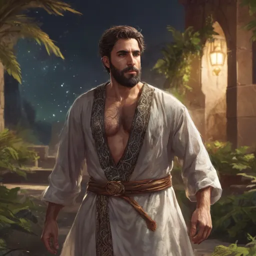 Prompt: (Full body) male stocky heavy-set arab
transmuter with short hair and beard,  open shirt hairy chest, casting swirly bright spell, in nature at night, pathfinder, d&d setting, in a realistic high quality digital art style