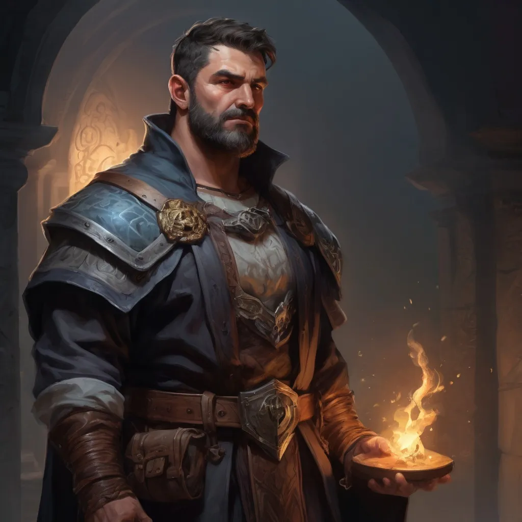 Prompt: Male stocky large muscular sorcerer with short-cut hair and beard, exploring a dark trasure room, pathfinder, d&d setting, realistic, enhanced shadow quality