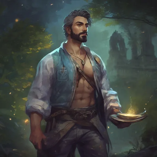 Prompt: (Full body) male stocky big-chested young transmuter with striped short hair and beard, hairy chest, casting swirly bright spell, in nature at night, pathfinder, d&d setting, in a realistic high quality digital art style