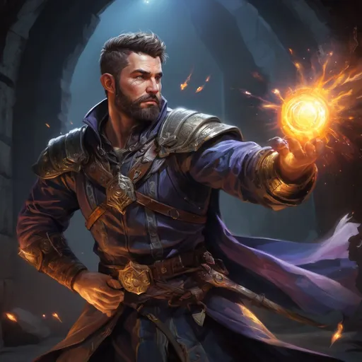 Prompt: Male stocky large mature arcane-hunter with short-cut hair and beard, engaged in combat casting a prismatic-light spell inside of a dark dungeon, pathfinder, d&d setting, in a realistic high quality digital art style, enhanced shadow quality, colorful