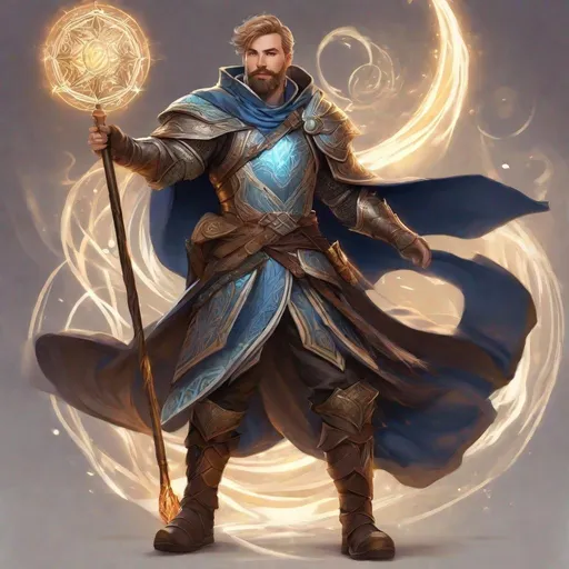 Prompt: A male mage with dark-blonde short hair and beard, cloth armor, holding magical staff, boots, magical swirls, pathfinder, dungeons & dragons, in a detailed realistic digital art style