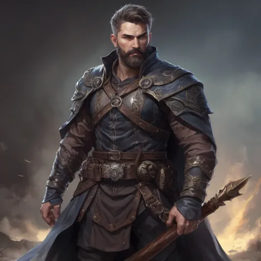 Prompt: (Full body) male stocky masculine manly hunky royal cleric with short hair and beard, hairy chest, in a dark battle field, pathfinder, d&d setting, in a realistic high quality digital art style