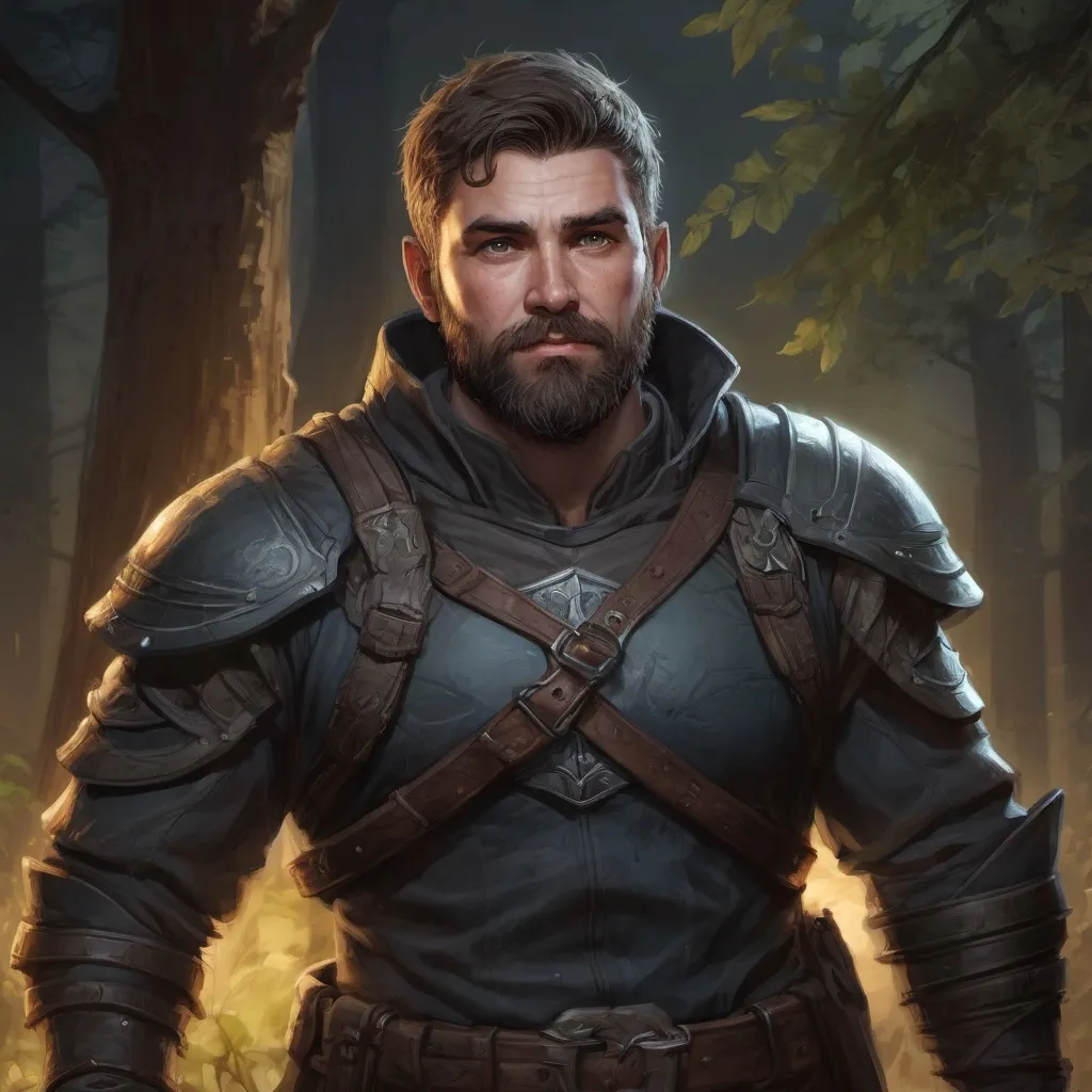 Prompt: Male stocky heavy-set mature fantasy-ranger with short-cut hair and beard, outside of fantasy forest at night, pathfinder, d&d setting, in a realistic high quality digital art style, enhanced shadow quality