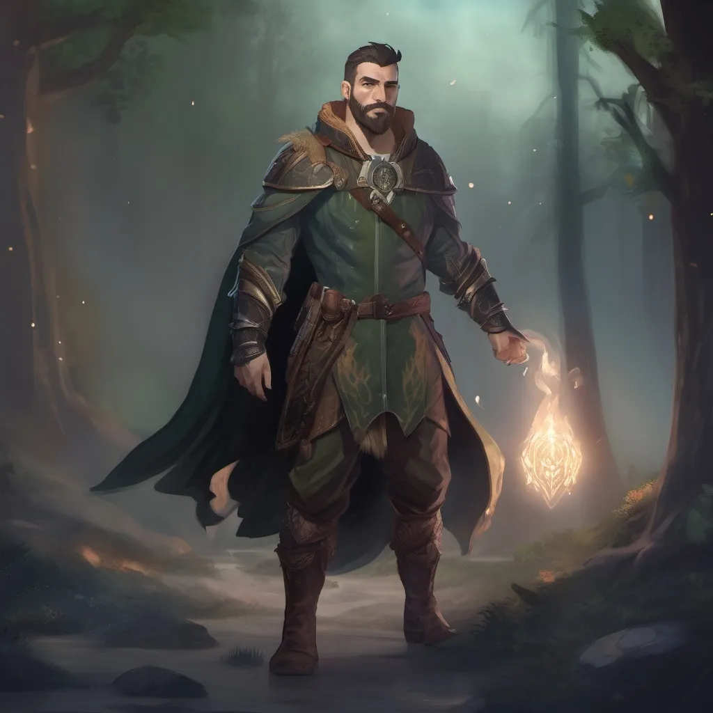 Prompt: (Full body) male muscular summoner with short hair and beard, in nature at night, casting a spell, pathfinder, d&d setting, in a realistic digital art style