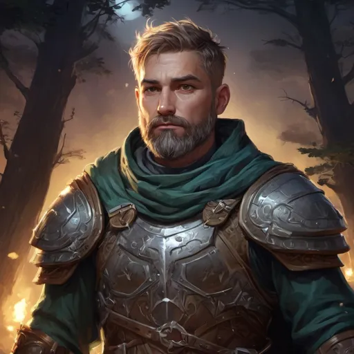 Prompt: Male stocky heavy-set mature fantasy-druid with short-cut hair and beard, nature-armour, outside of fantasy forest at night, pathfinder, d&d setting, in a realistic high quality digital art style, enhanced shadow quality