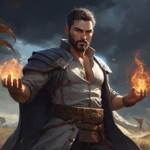 Prompt: Male stocky large fat templar with short-cut hair and beard, open shirt hairy chest, in combat casting a magic-ray out of hands in a windy field at night, pathfinder, d&d setting, in a realistic high quality digital art style, enhanced shadow quality, colorful