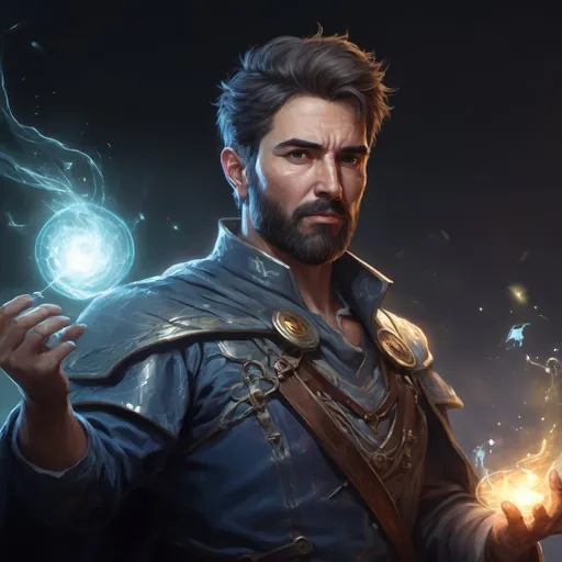 Prompt: Male stocky heavy-set argentinian royal magus with short-cut hair and beard, casting a magic-spell on a windy field at night, pathfinder, d&d setting, in a realistic high quality digital art style, enhanced shadow quality