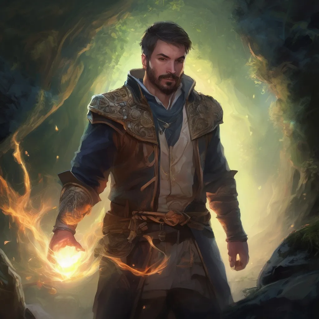 Prompt: (Full body) male stocky handsome beefy summoner with short-cut hair and beard, casting a swirly magic spell, in a forest cave at night pathfinder, d&d setting, in a realistic high quality digital art style