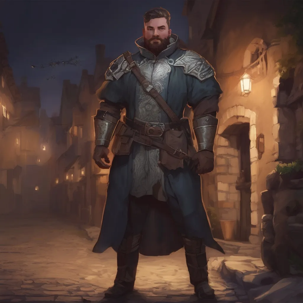 Prompt: (Full body) male manly stocky noble royal guard with dark short-cut hair and beard, in small village at night, pathfinder, d&d setting, in a realistic digital art style