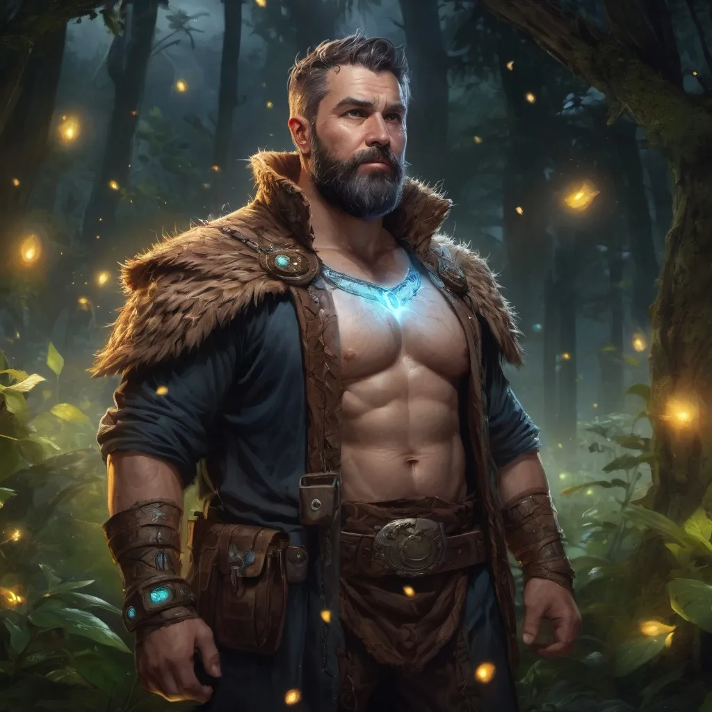 Prompt: male stocky fat muscular druid with short hair and beard, surrounded by magical glow and fireflies, in nature at night, pathfinder, d&d setting, Realistic