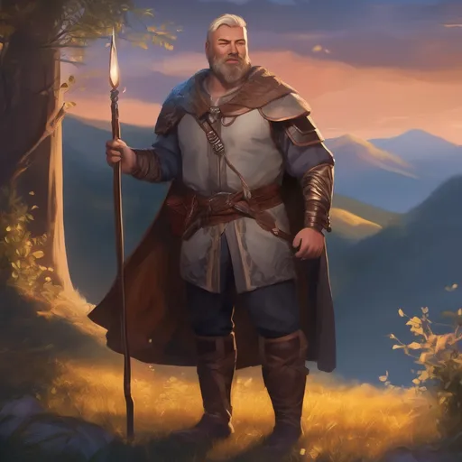 Prompt: (Full body) male stocky norwegian magical magus with short hair and beard, in nature in the evening, pathfinder, d&d setting, in a realistic digital art style