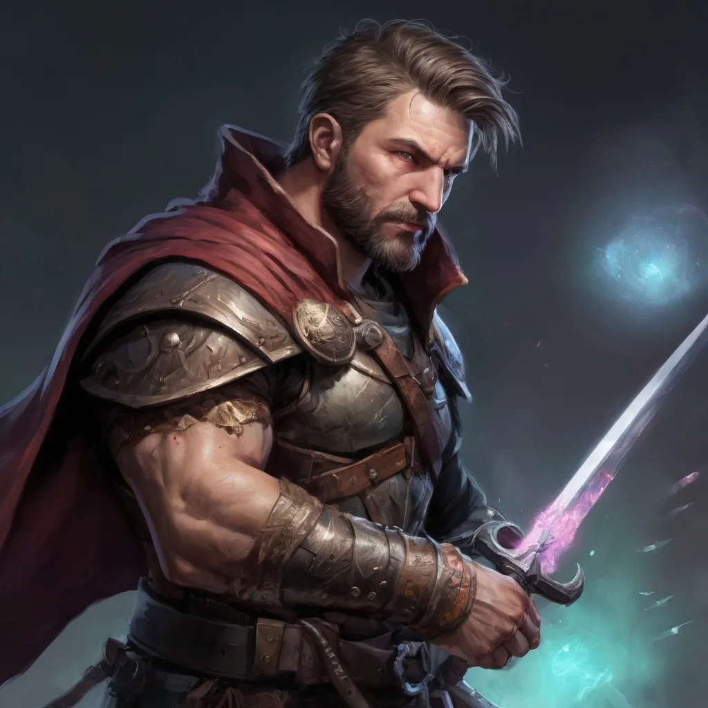 Prompt: (torso) Male stocky large 38-year old battle-mage with short hair and beard, engaged in combat casting an magical arcane-spell, villiage under siege at night, in movement, pathfinder, d&d setting, realistic, enhanced shadow quality, colorful