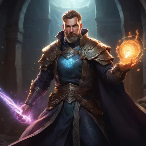 Prompt: Male stocky large mature cleric with short-cut hair and beard, engaged in combat casting a prismatic-light spell inside of a dark dungeon, pathfinder, d&d setting, in a realistic high quality digital art style, enhanced shadow quality, colorful