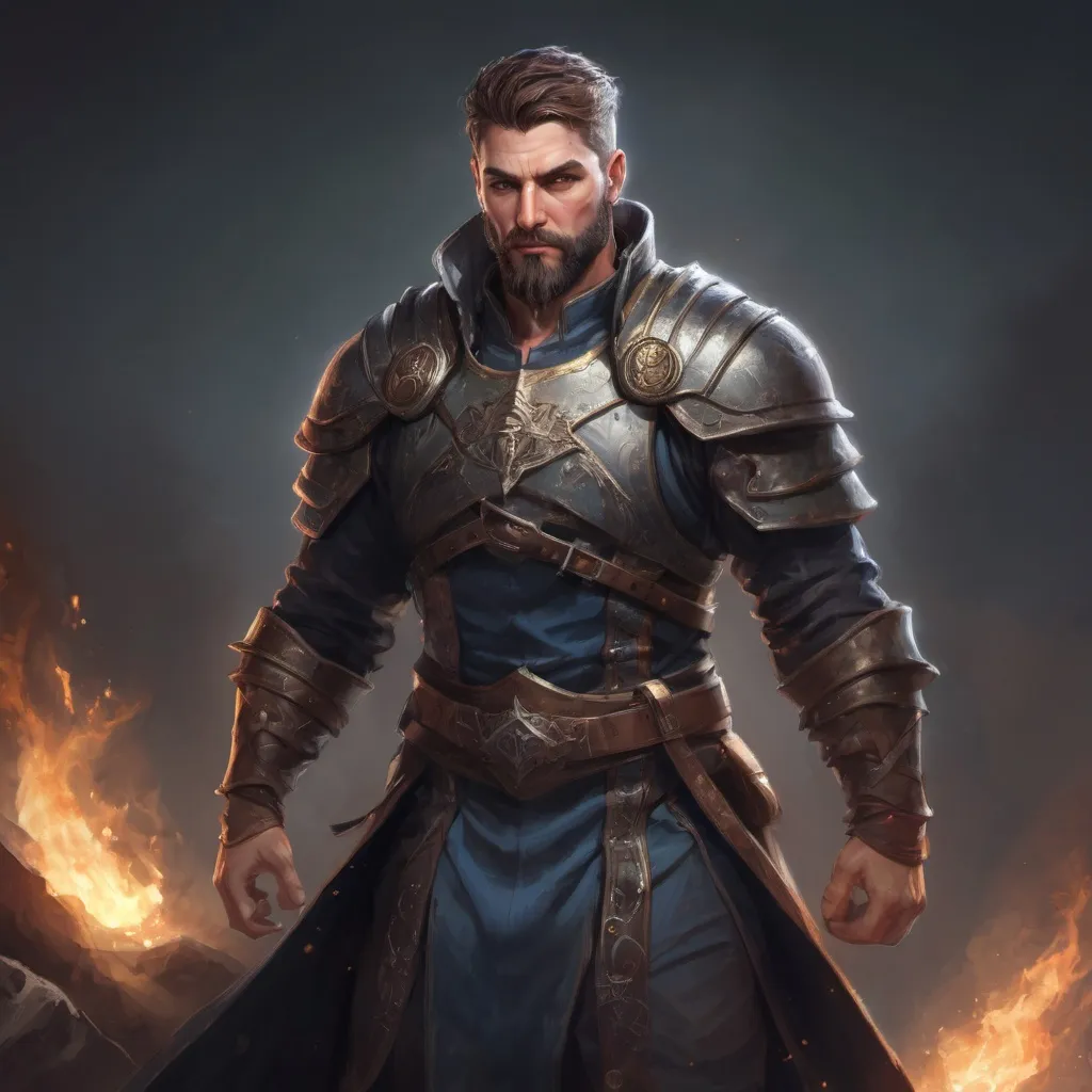 Prompt: (Full body) male stocky masculine manly hunky royal cleric with short hair and beard, in a dark battle field, pathfinder, d&d setting, in a realistic high quality digital art style