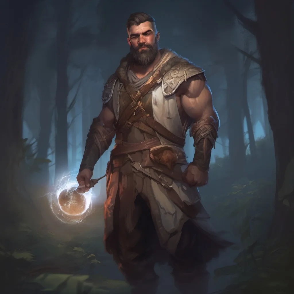 Prompt: (Full body) male muscular summoner with short hair and beard, in nature at night, pathfinder, d&d setting, in a realistic digital art style