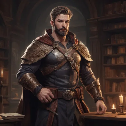 Prompt: (Full body) male stocky masculine manly hunky crusader with short hair and beard, hairy chest, in a dark library, pathfinder, d&d setting, in a realistic high quality digital art style