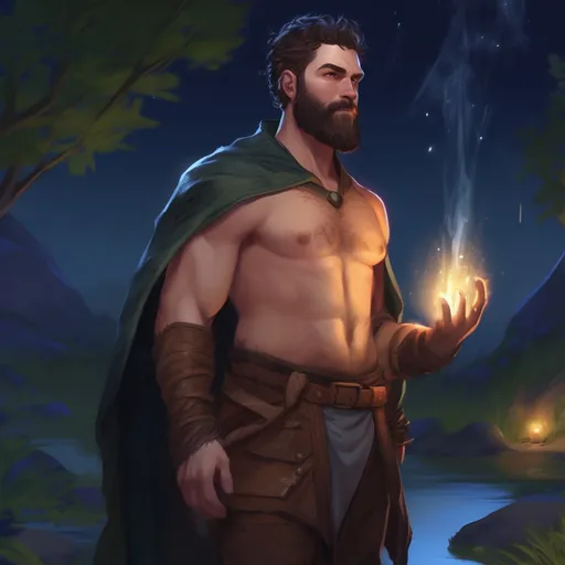 Prompt: (Full body) male thick hairy-chested mage with short hair and beard, no shirt on, in nature at night, pathfinder, d&d setting, in a realistic digital art style