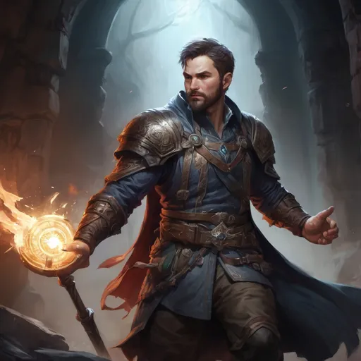 Prompt: Male stocky large battle-mage with short-cut hair and beard, engaged in combat casting a white-light spell inside of a dark dungeon, pathfinder, d&d setting, in a realistic high quality digital art style, enhanced shadow quality, colorful
