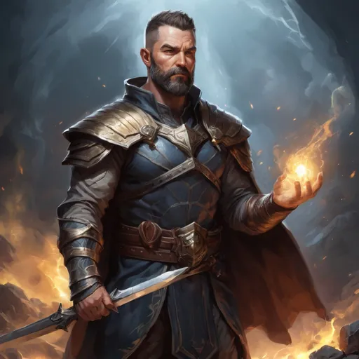 Prompt: Male stocky large mature fit muscular battle-mage with short-cut hair and beard, engaged in combat casting a light spell in a dark room, pathfinder, d&d setting, realistic high quality, enhanced shadow quality