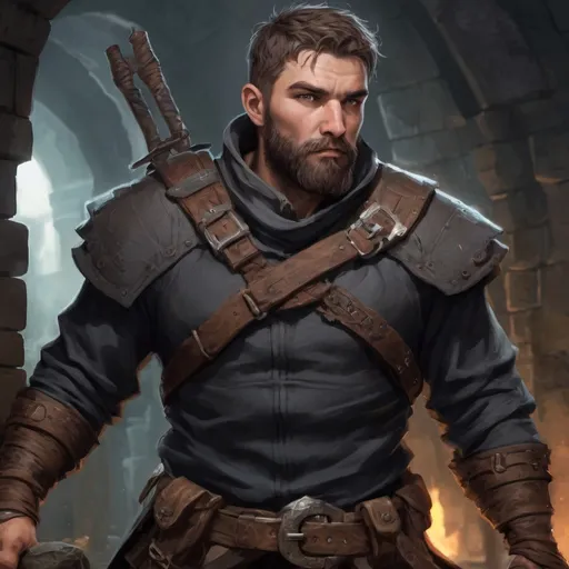 Prompt: Male stocky large beefy rogue with short-cut hair and beard, exploring a dungeon, pathfinder, d&d setting, realistic, enhanced shadow quality