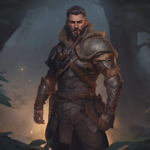 Prompt: (Full body) male muscular summoner with short hair and beard, in nature at night, pathfinder, d&d setting, in a realistic digital art style