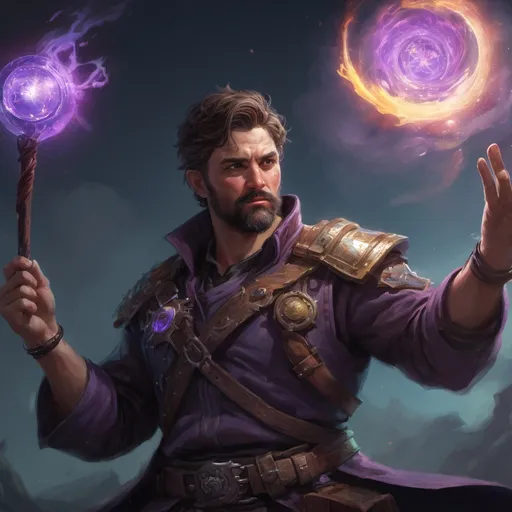 Prompt: Male stocky heavy-set mature arcane-arcanist with short-cut hair and beard, on a battlefield, in combat, holding a astral-spell, pathfinder, d&d setting, in a realistic high quality digital art style, enhanced shadow quality, colorful
