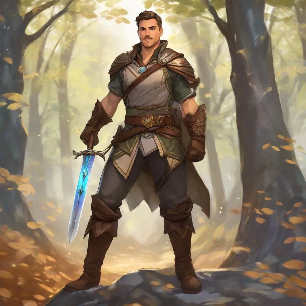 Prompt: (Fullbody) male ranger manly face short-cut hair with grey, mustache with stubble, no shirt, heavy belt , swirly magic, brown boots, pathfinder, dungeons and dragons, forest holding a weapon, in a painted style realistic art