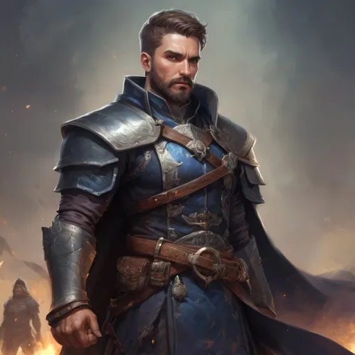 Prompt: (Full body) male stocky masculine manly hunky royal cleric with short hair and beard, in a dark battle field, pathfinder, d&d setting, in a realistic high quality digital art style