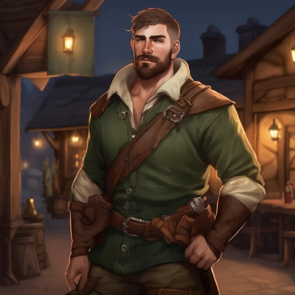 Prompt: (Full body) male thick manly ranger with short hair and beard, by a tavern at night, pathfinder, d&d setting, in a realistic digital art style