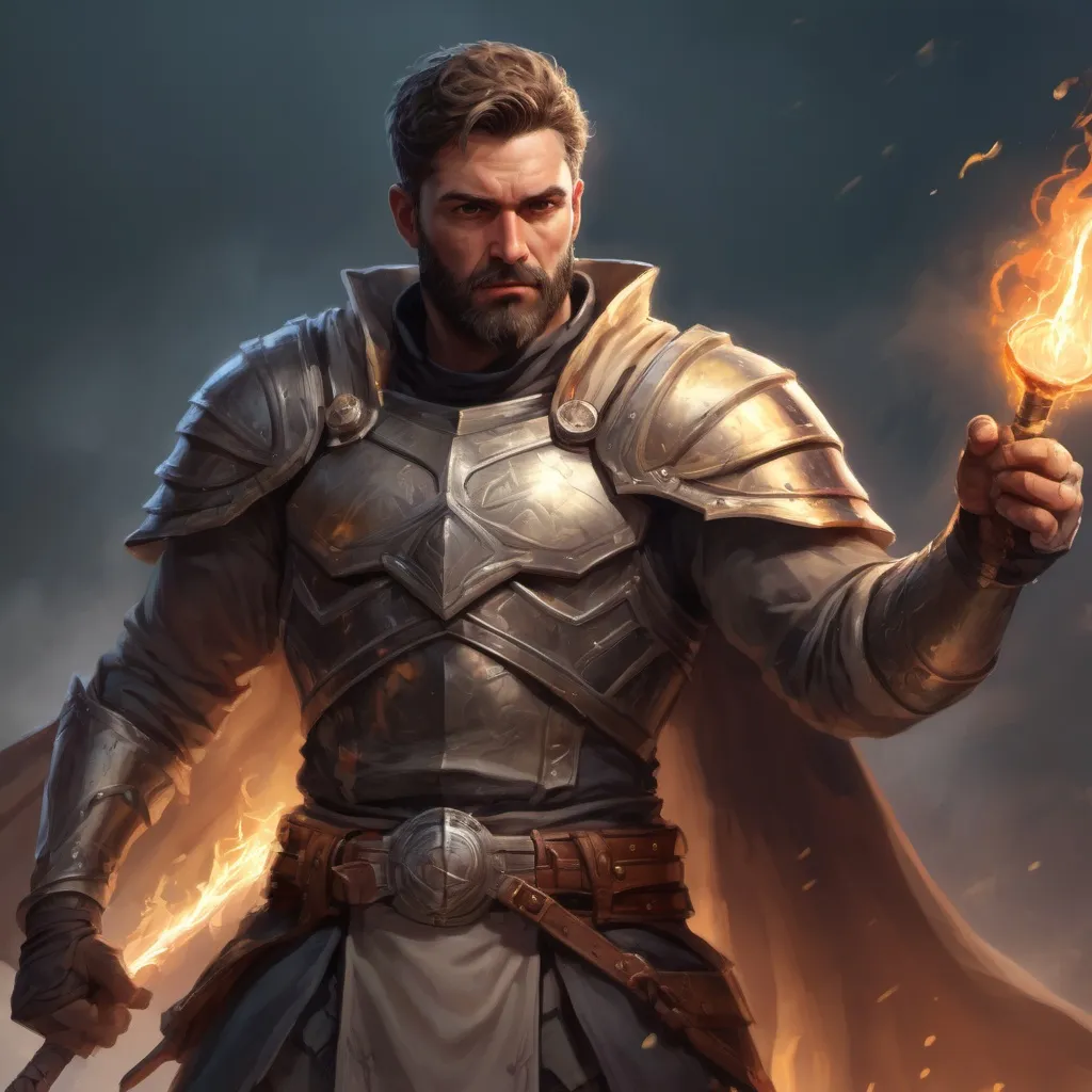 Prompt: (torso) Male stocky manly magical crusader with short-cut hair and beard, on a battlefield, in combat, holding a magic staff, bright aura, pathfinder, d&d setting, in a realistic high quality digital art style, enhanced shadow quality