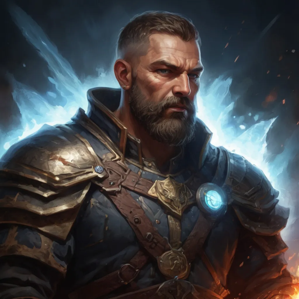 Prompt: Male stocky large mature muscular cleric with short-cut hair and beard, engaged in combat casting a prismatic-light spell inside of a dark dungeon, pathfinder, d&d setting, in a realistic high quality digital art style, enhanced shadow quality