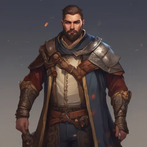 Prompt: (Full body) male stocky young royal noble with short-cut hair and beard, in a dark room, pathfinder, d&d setting, in a realistic digital art style