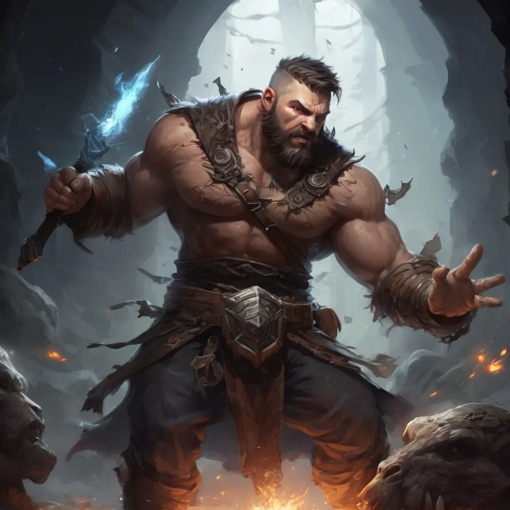 Prompt: Male stocky large muscular fat fantasy-druid with short-cut hair and beard, engaged in combat casting a white-light spell inside of a dark dungeon, pathfinder, d&d setting, in a realistic high quality digital art style, enhanced shadow quality, colorful
