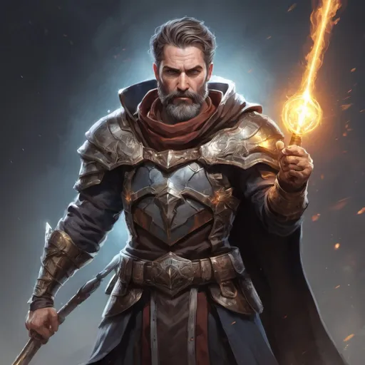 Prompt: (torso) Male stocky mature magical crusader with short-cut hair and beard, on a battlefield, in combat, holding a magic staff, bright aura, pathfinder, d&d setting, in a realistic high quality digital art style, enhanced shadow quality