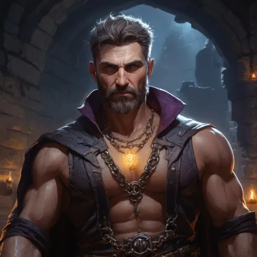 Prompt: Male stocky mature muscular sorcerer with short-cut hair and beard, inside of a dungeon at night, wearing magical necklace, pathfinder, d&d setting, in a realistic high quality digital art style, enhanced shadow quality