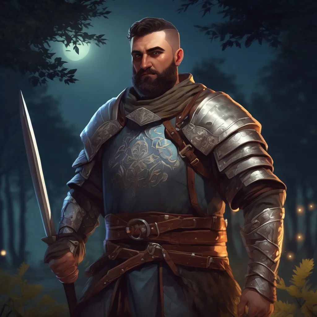 Prompt: (Full body) male stocky turkish knight with short hair and beard, in nature at night, pathfinder, d&d setting, in a realistic digital art style